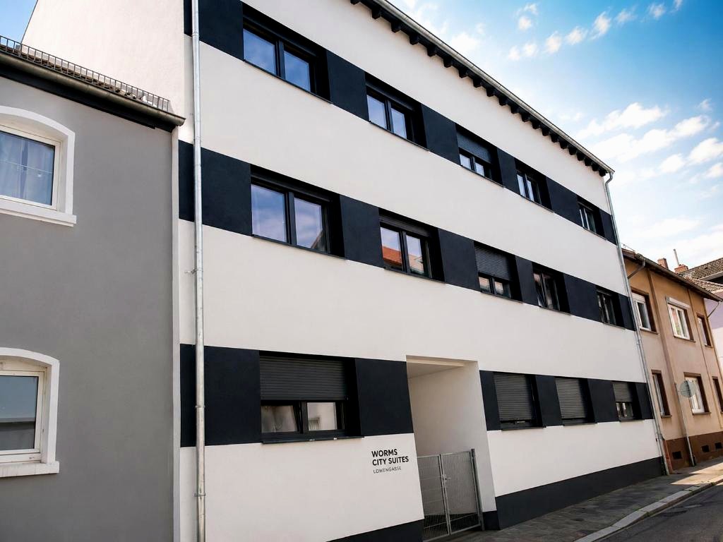 Fassade der Worms City Suites in der Löwengasse, weißes Haus mit schwarzen Fensterbändern